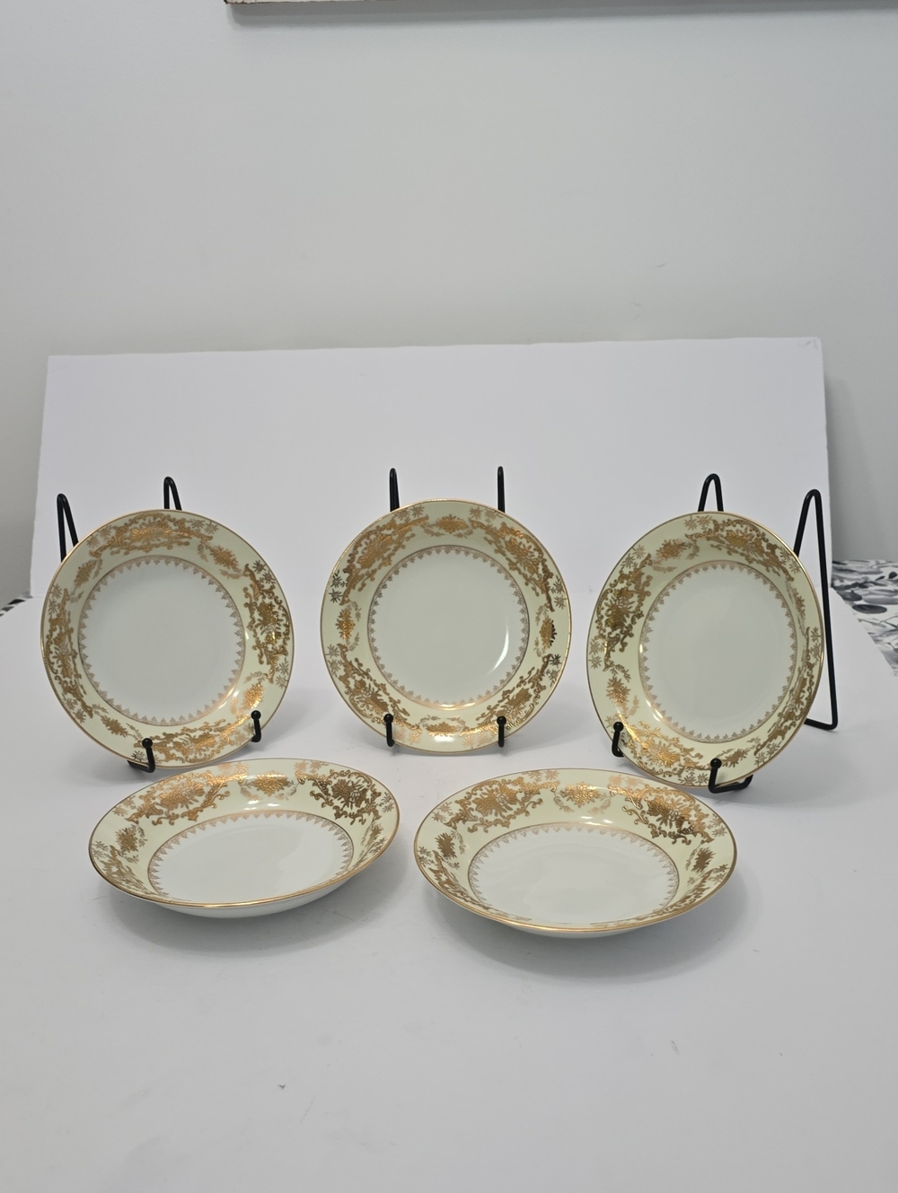 Vintage Wiss China Set 5 Soup Bowls Porcelain Japan White Gold Floral Filigree